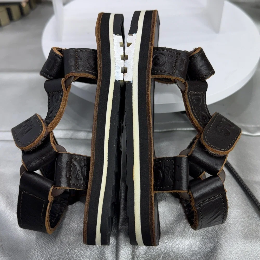(S4) D&G Boys' Dark Brown Leather Sandals with Adjustable Straps, Size 25